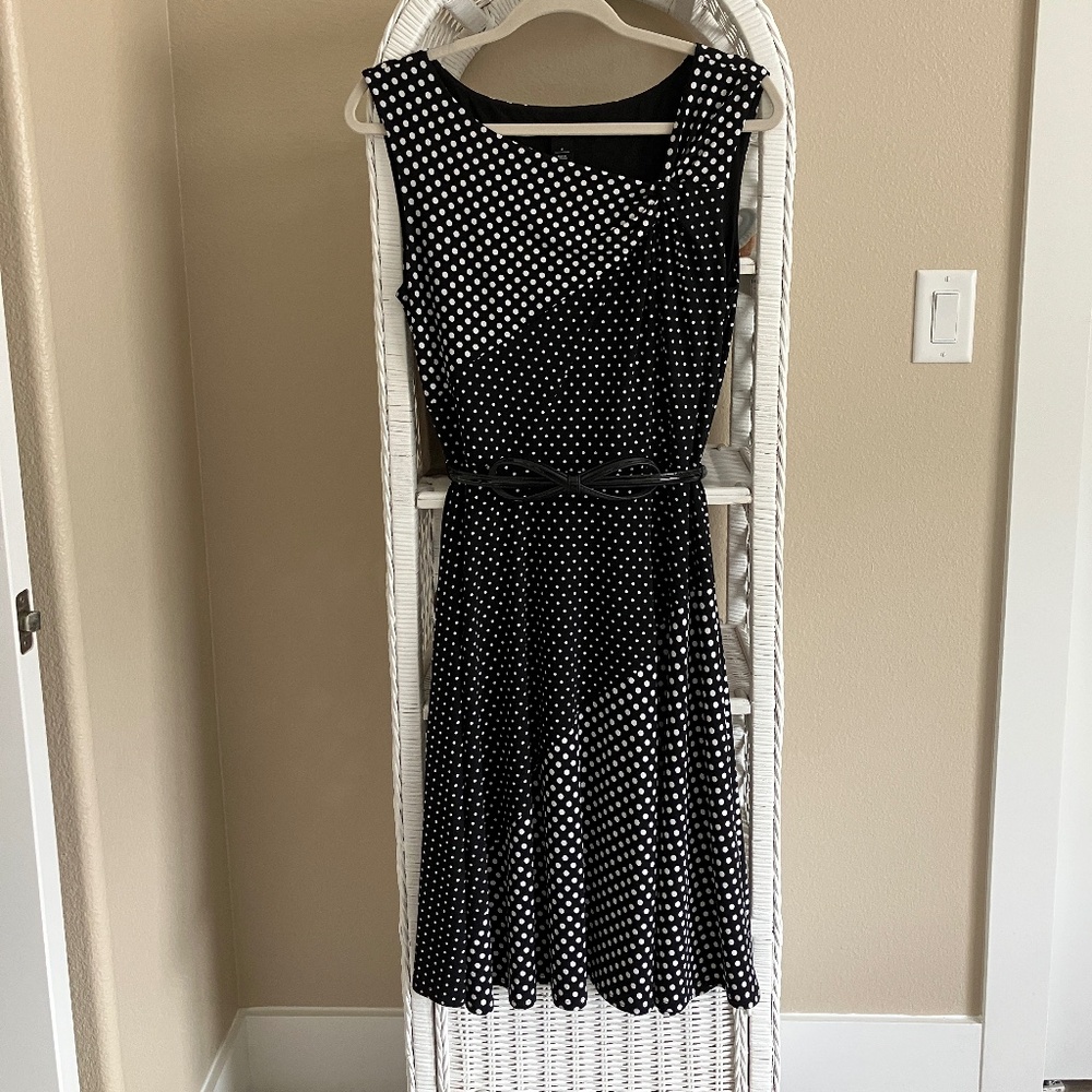 WHBM, black and white polka dot dress, size 6 with asymmetrical neckline